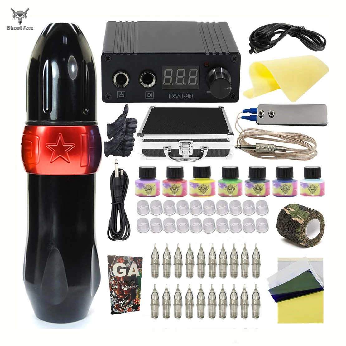 

Ghostaxe 2021Rotary Tattoo Pen Set With Wireless Tattoo Power Supply For Body Art, Black