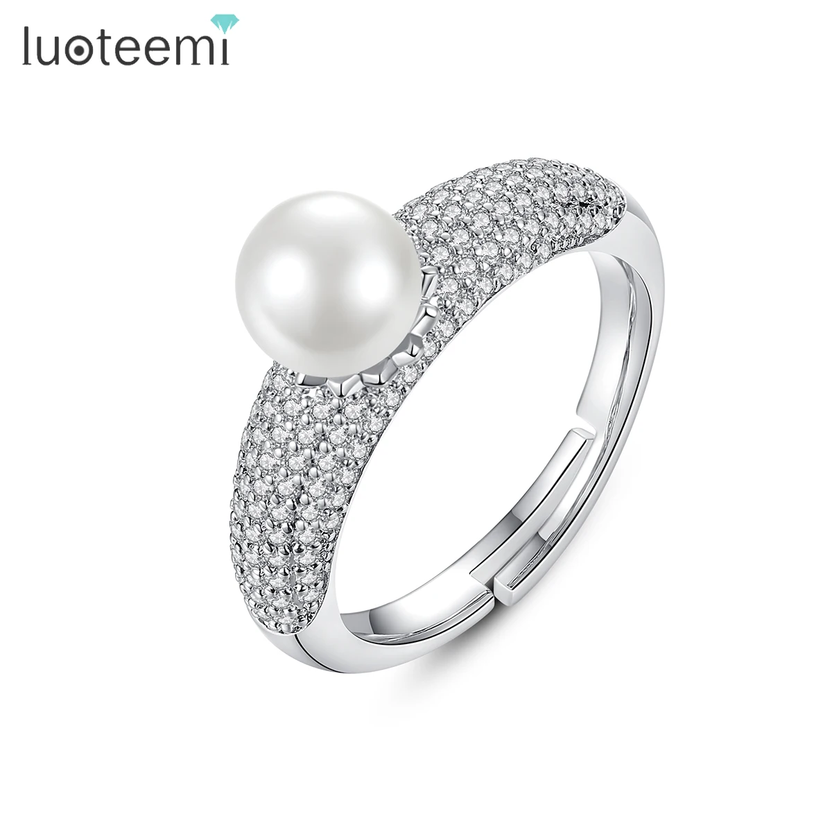 

LUOTEEMI Freshwater Pearl Wedding Jewelry Rings Cz Stones Paved Freshwater Pearl Engagement Rings