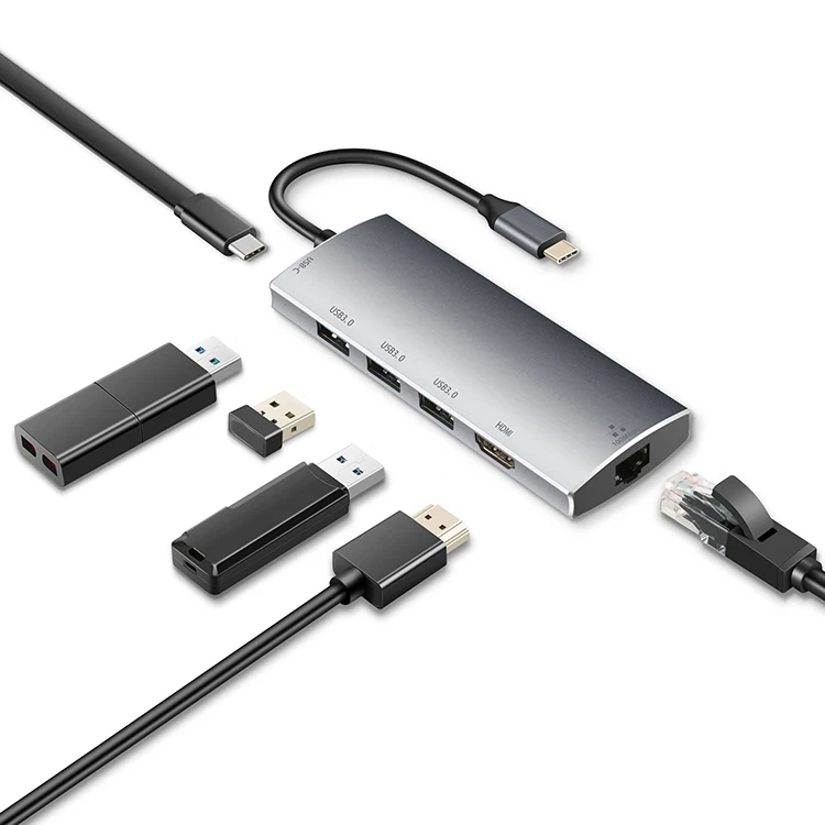 

Wholesales Type c adapter, Top Selling 6 in 1 Aluminum Shell 60W PD Charging 3.0 UBS hub, Gray