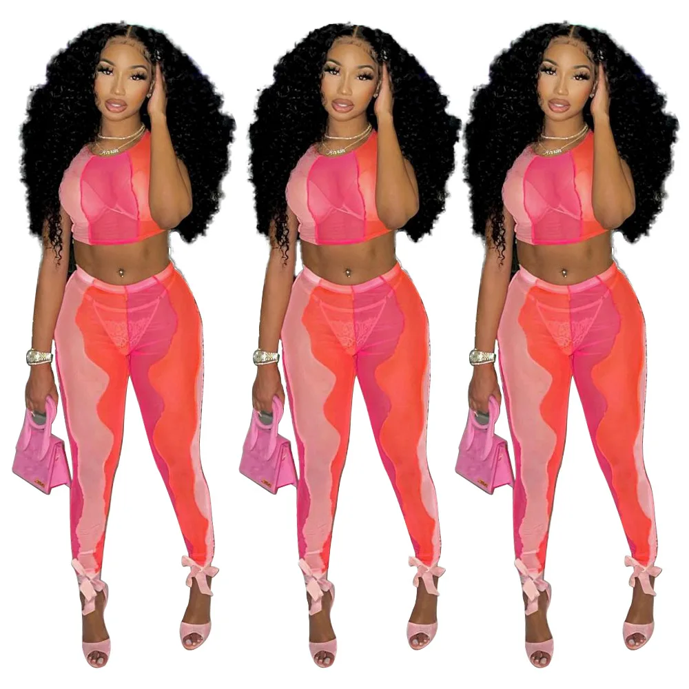 

Fashion Sexy Sleeveless Tight Mesh Pinted Two-Piece Nightclub Suit 2 Piece Mesh Set