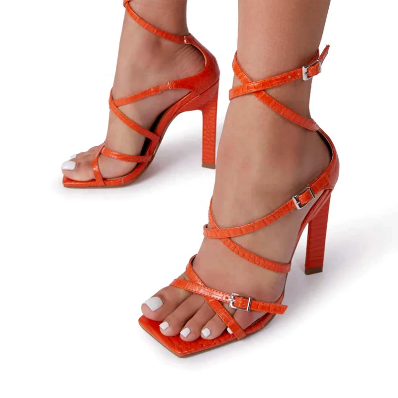 

Animal Print Cross Buckle Strap Women's Sandals Square Toe Summer High Heel Shoes Fashion 2021, Black white green orange