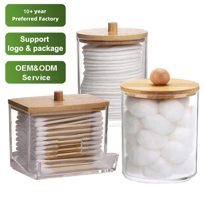 

Bamboo lid container clear acrylic cotton pad swab holder apothecary jar storage round qtip holder dispenser for cotton ball