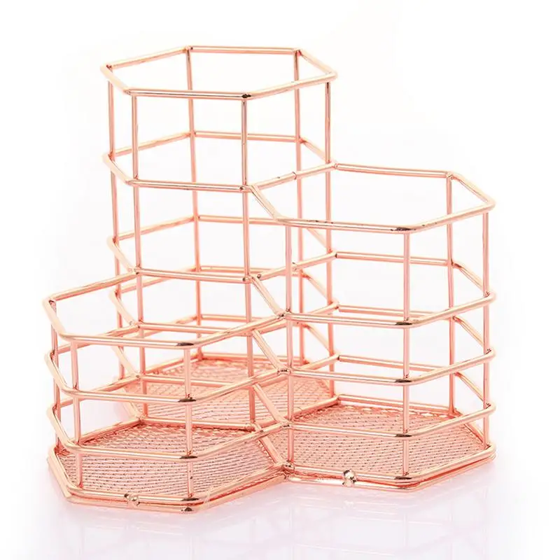 

Makeup Brush Holder Hexagon Vase Metal Mesh Basket Desk Organizer Wire Golden Pen Pencil Hot Hollow Holder Beauty Makeup Kit