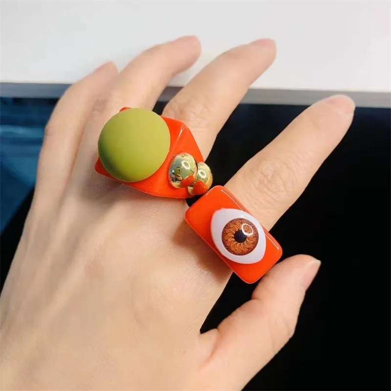 

2021 New Resin Red Green Round Patch Ring Exaggerated Personality Trendy Resin Ring, Multi