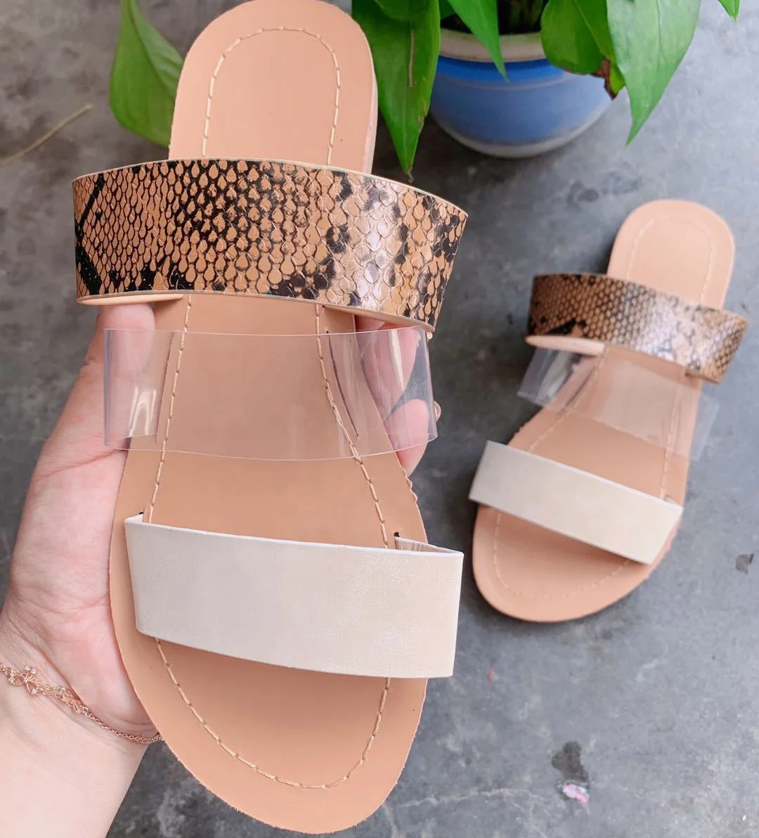 

PVC Bands Snakeskin Women Flat Slippers Brown Beach Summer Slides Shoes