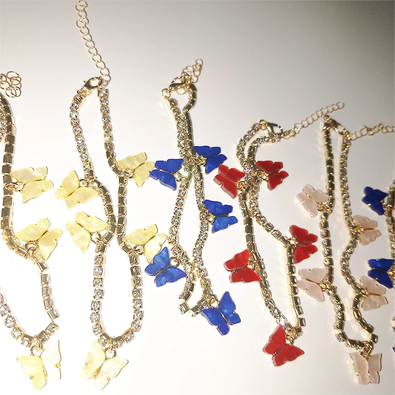 

New Wholesale high quality gold butterfly cuban link anklet, Red/bule/yellow/pink