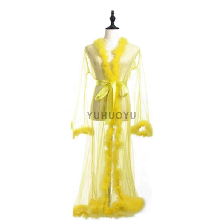 

2021 Sexy Long Hot Women Femme Fur Sheer Robe Yellow Blue Mesh Trim Sexy Lingerie
