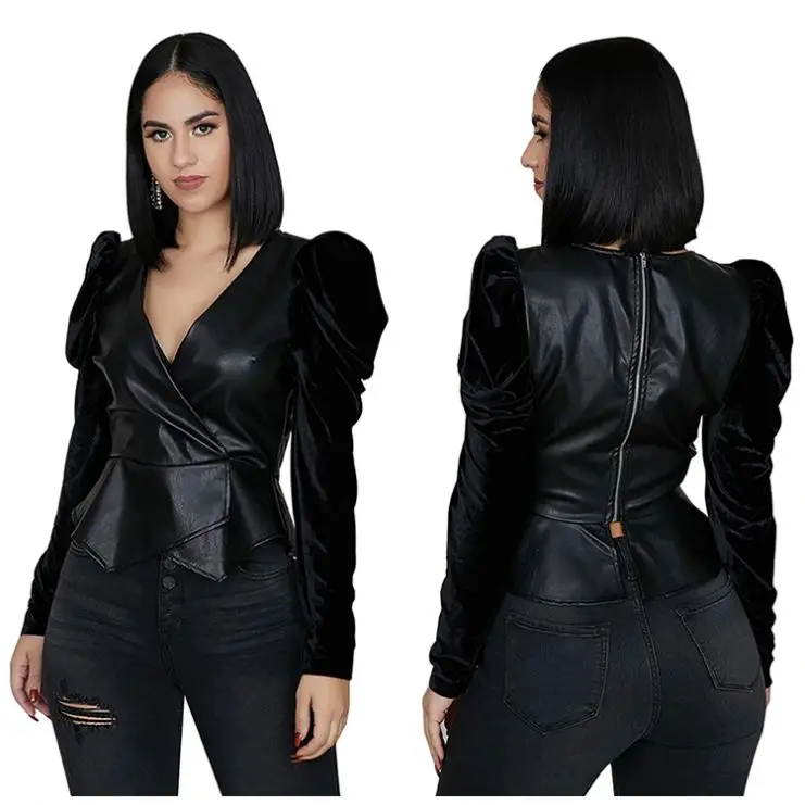 11AF535 hot selling black v neck long sleeve back zipper latest design 2019 women pu leather blouse and shirt