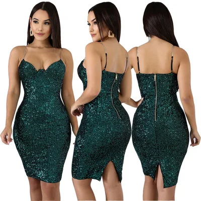 

F11331A New style slim sequin halter dress sexy nightclub dress for women, Green/apricot