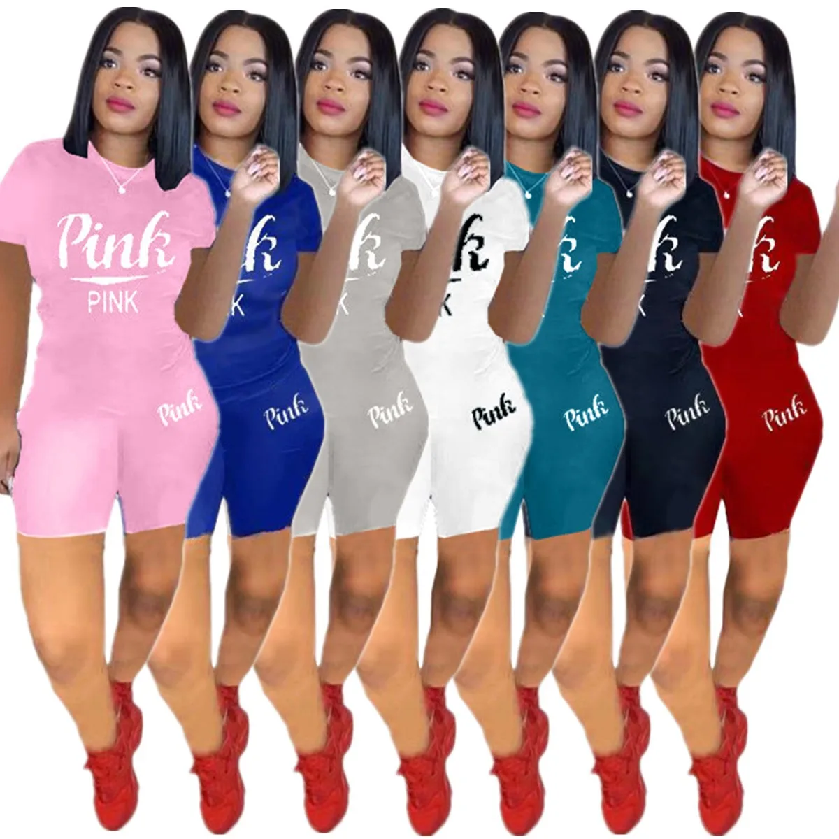 

Solid color monogrammed short sleeve shorts suit Fashion Casual women Two-Piece Set