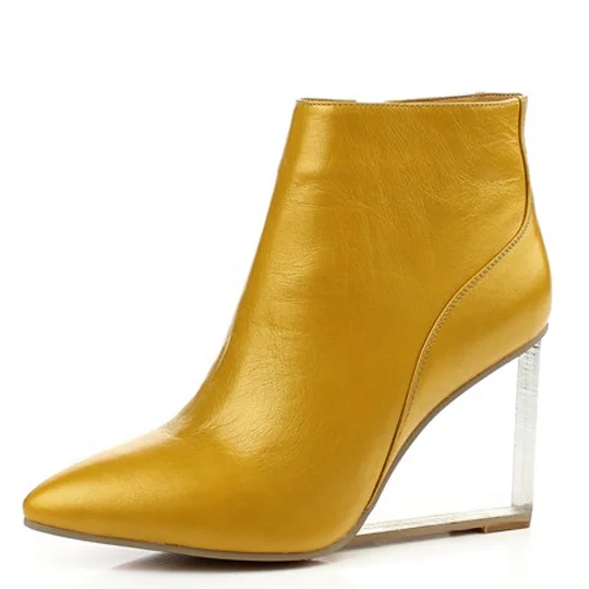 

Bright Yellow Women Wedge Heel Ankle Boots Transparent Glass High Heel Booties Lady Pointed toe Dress Zip up Short Boots, Black yellow