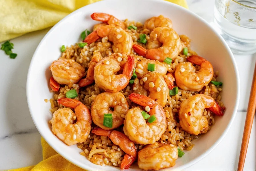 Bowl of sesame shrimp with rice