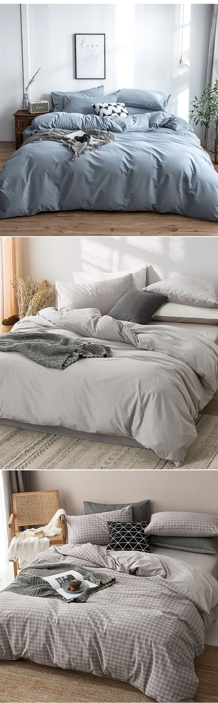 Enerup Home Sense Wholesale Grey Plain Fluffy Microfiber Cotton Bedding Bed Duvet Cover Set