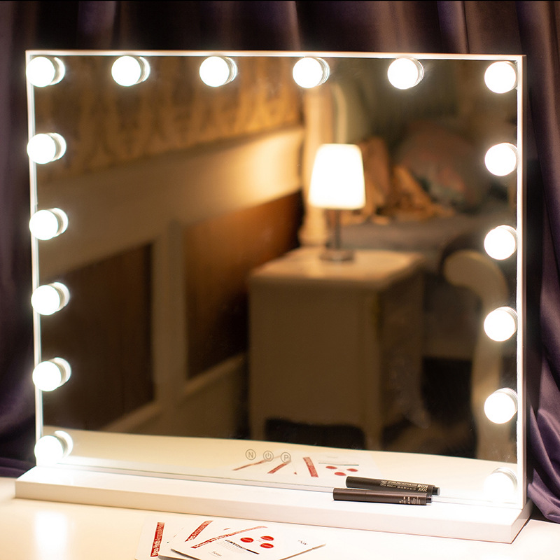 

Led lighted table vanity makeup Hollywood Mirror With Light Bulbs For Girl Cosmetic, White/black