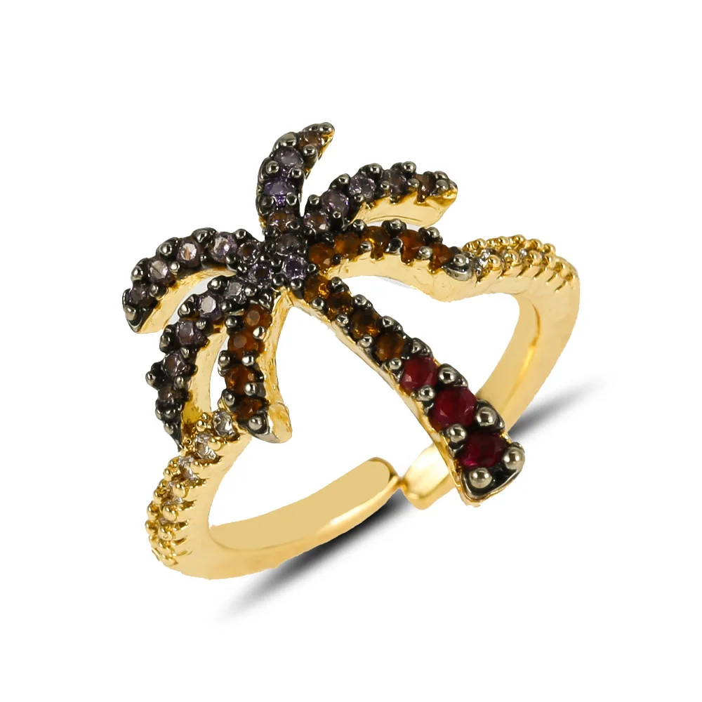 

Beach Holiday Micro Inlaid Zircon Coconut Palm Finger Ring Energetic Feel Gold Plating Crystal Coconut Tree Open Ring