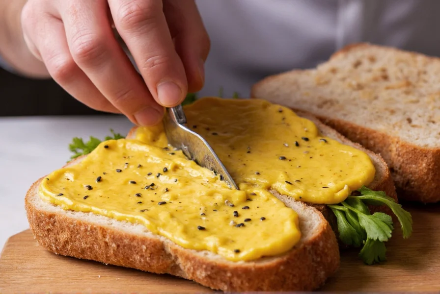 Chef's hands spreading mustard with seeds on artisan bread with visible seed particles enhancing sandwich presentation