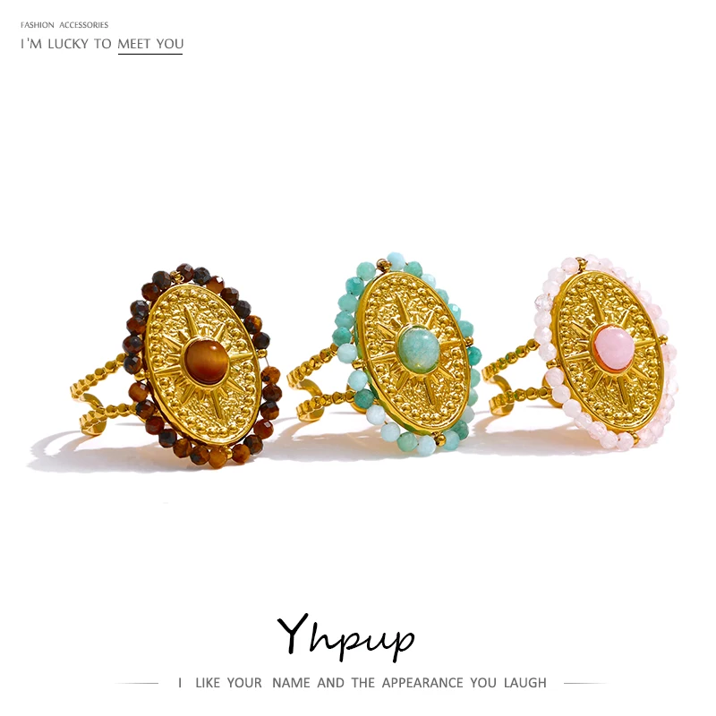 

JINYOU 755 Exquisite Tiger Blue Natural Stone Opening Ring Waterproof France Jewelry 2022 Stainless Steel Ring