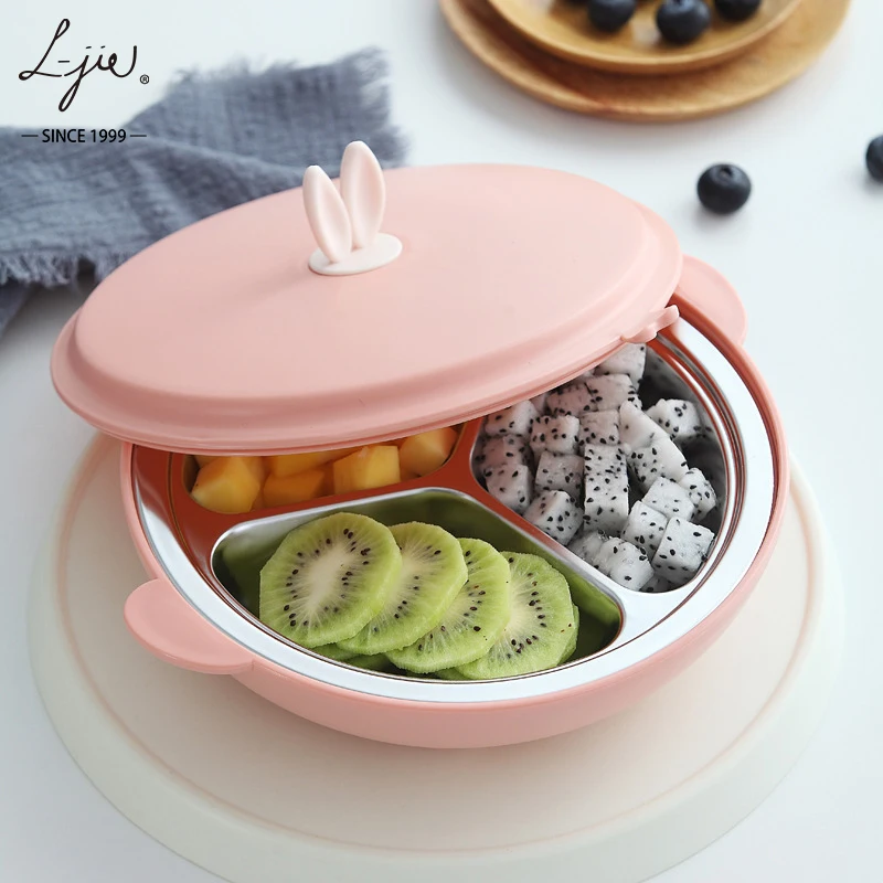

Factory Price Wholesale Rabbit ear shape 304 Stainless steel Kids High Quality baby silicone plate baby suction bowl plate set, Blue pink