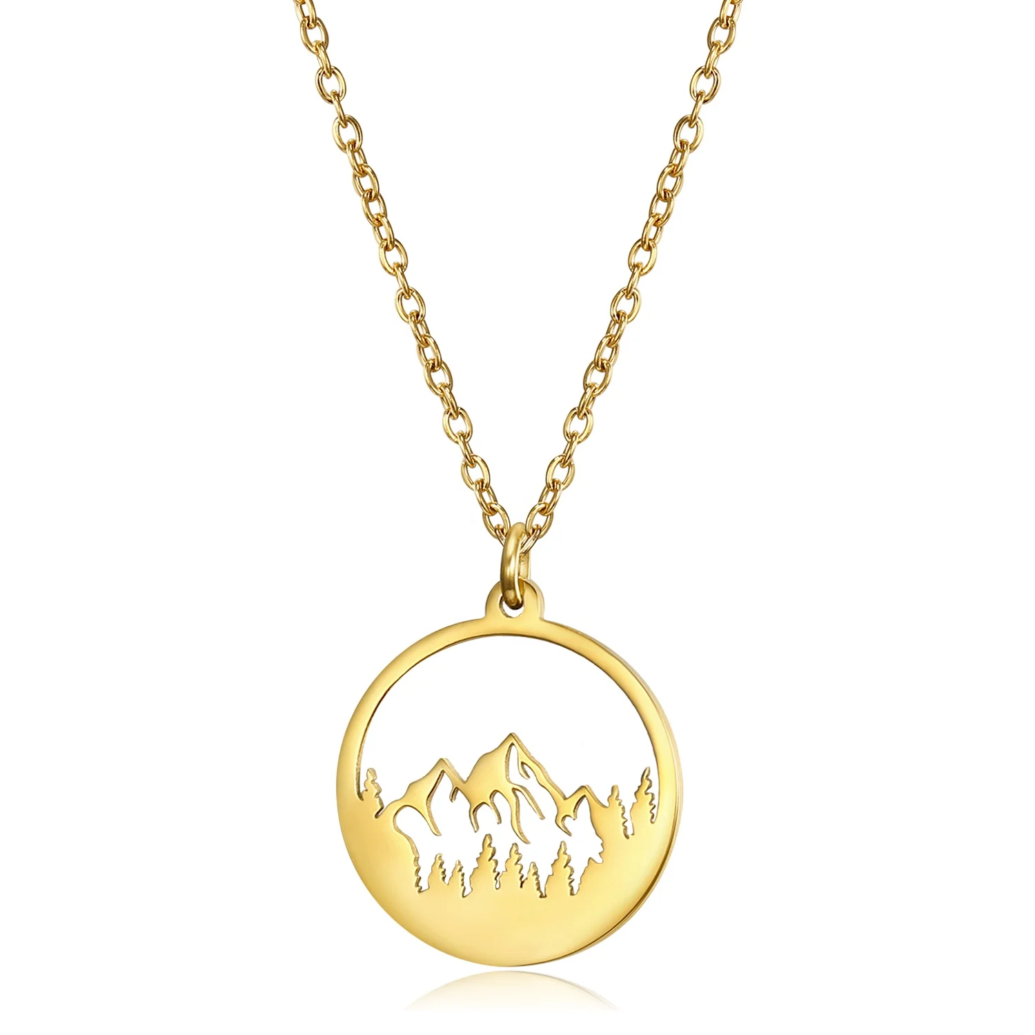 

Wholesale Customize Logo Hollow Out 18K Gold Plated 316L Stainless Steel Range Bezel Forest Snow Mountain Pendant Necklace