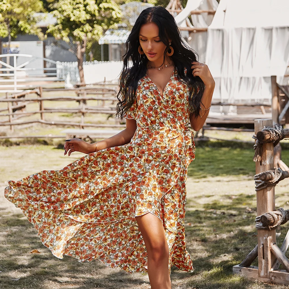 

Summer New Women's Short Sleeve Printed Dress Casual V-neck Lotus Sleeve Sexy Fashion MIDI Dress, As show