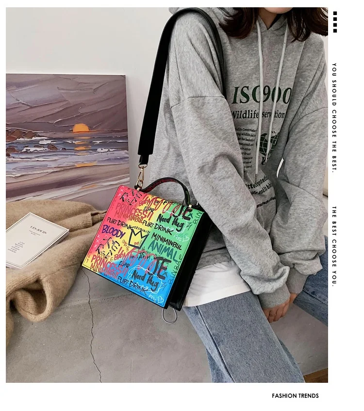 

Fashion new pu female bag personality graffiti ribbon shoulder bag