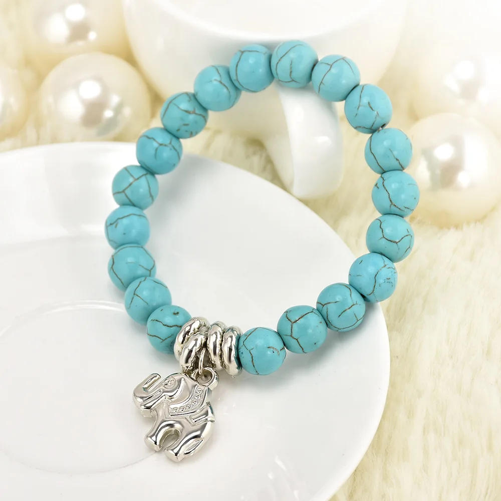 

Boho Ethnic Stretch Bead Silver Elephant Charm Bracelet Turquoise Bead Bracelet, As picture