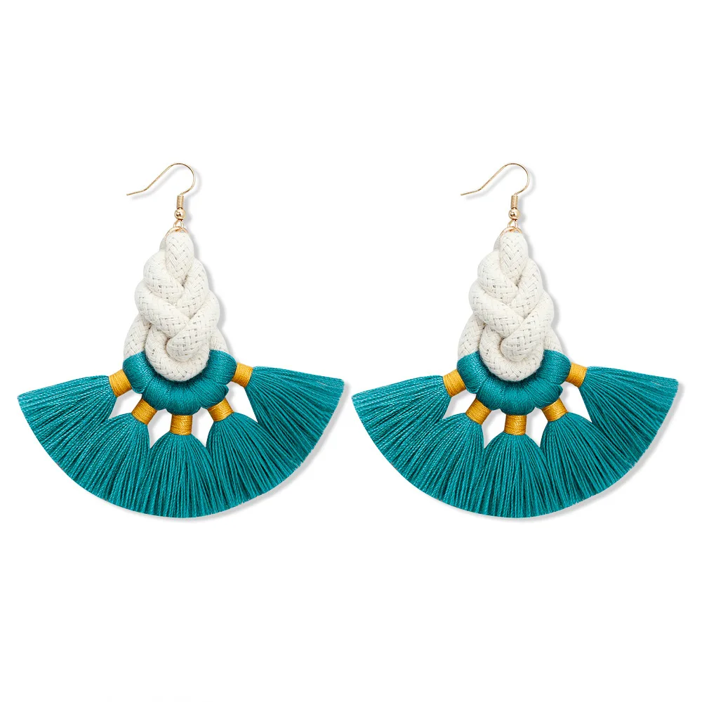 

2021 New Spring Tassel Bohemian Long Earrings Custom Multi-color Hand-woven Fringe Dangle Knotted Hook Earrings, Colorful