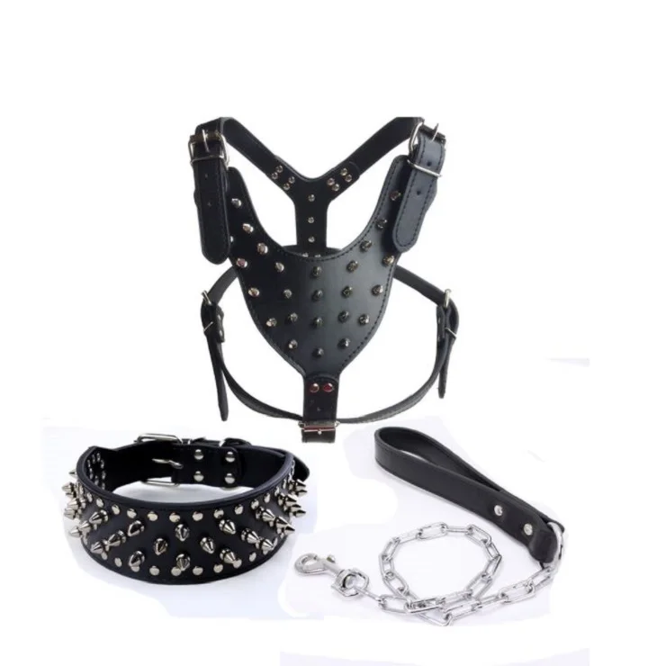 

Wholesale Soft PU Leather Bite Proof Mushroom Spiked Rivet Studded Adjustable Harness Collar Chain Leash Set for Dogs