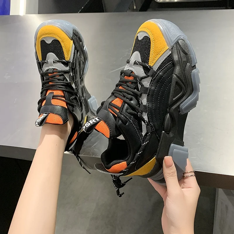 

Women High Top Sneakers 2021 Spring Breathable Chunky Casual Shoes New Outdoor Thick Bottom Trend Women Vulcanized Dad Shoes, Black-orange,black-grey