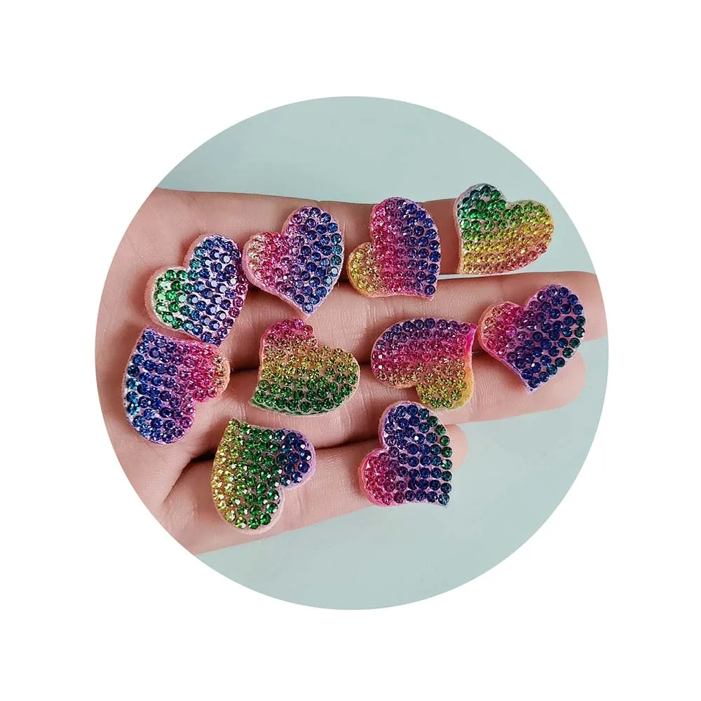 100Pcs 20mm Gradient Rhinestone Padded Heart Patches for DIY Crafts Clothes Hat Headwear Hair Clips Decor Fabric Appliques