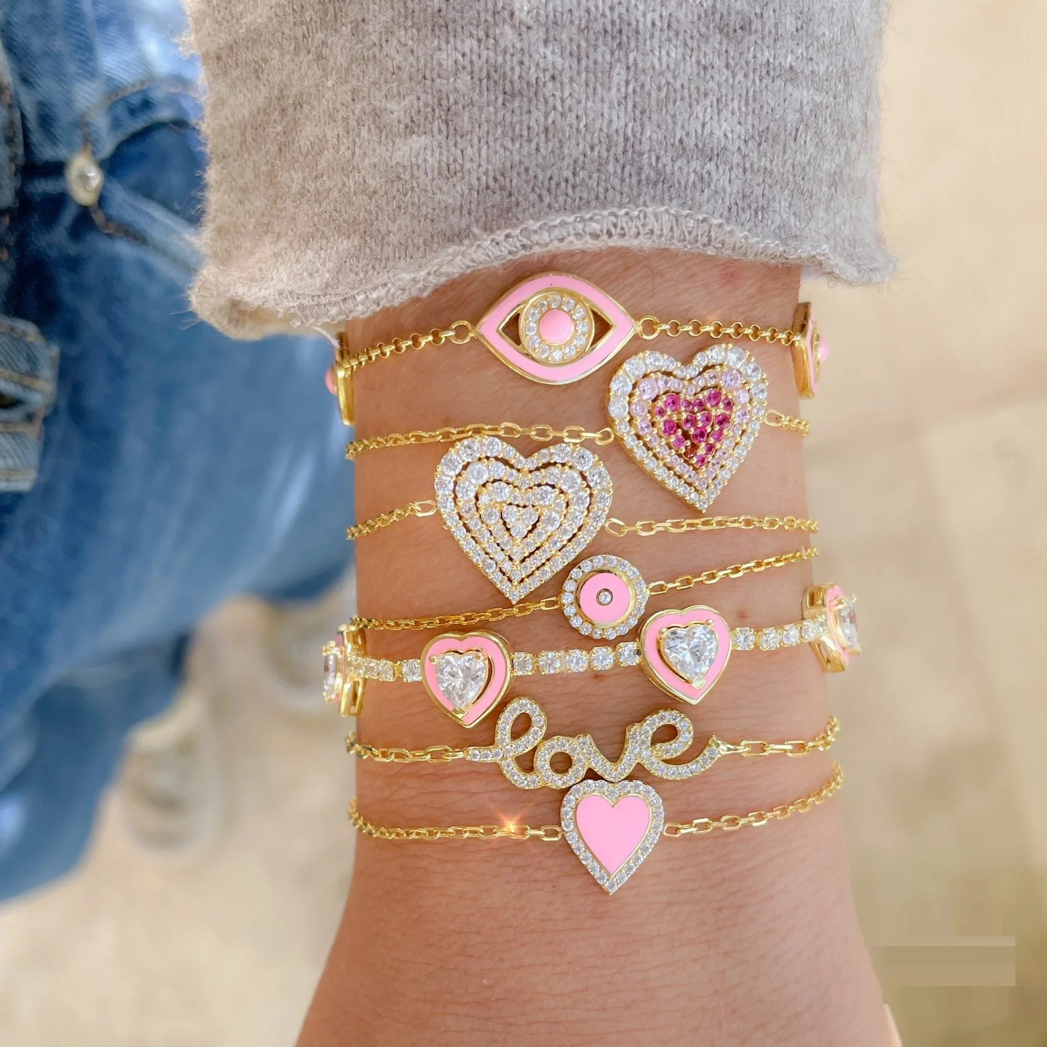 

valentine's day gift jewelry for women heart charm enamel white pink red cz tennis chain bracelet, Gold