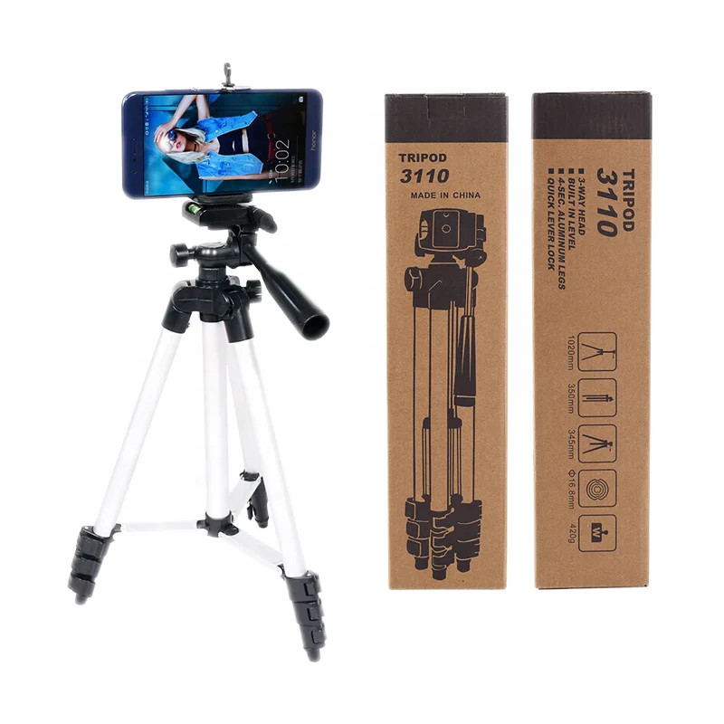 

3110 lightweight aluminum alloy tripod with phone holder,suit for phone and dslr camera tripod stand, Black and white