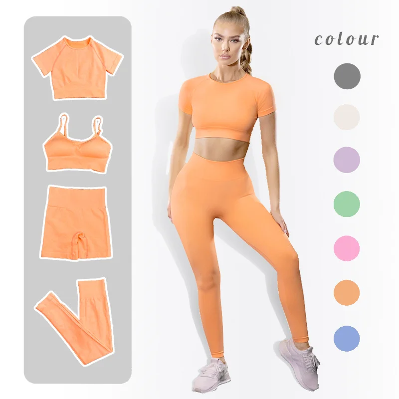 

Ropa Deportiva Mujer Custom Logo Workout Yoga Clothing Suit Set Plus Size Short Sleeve Seamless Women 2 3 4 Pieces Active Wear, Custom color