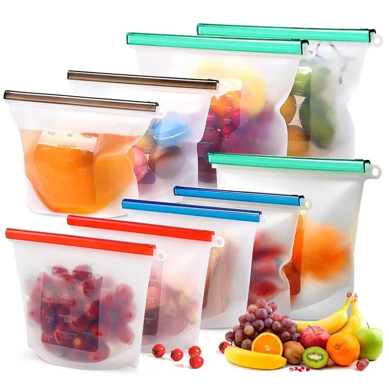 

Food Grade Ziplock Leakproof Sandwich Silicon Container Bag Reusable Freezer Storage Silicone Food Bags For Packing Food, Blue, red, green and white