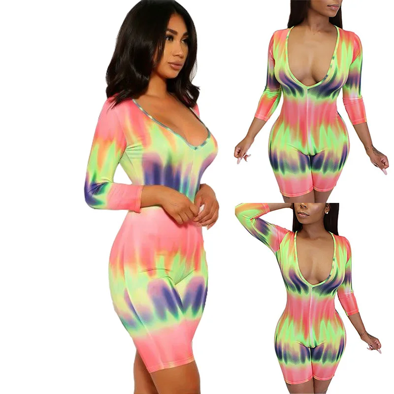 

Women'S Plus Size Tie Dye Jumpsuit Sexy Deep V Neck Long Sleeve And Short Pant One Piece Rompers, As pic