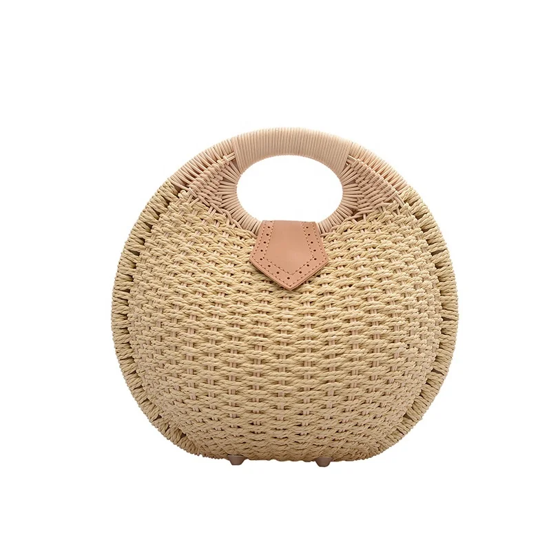 

2021 Luxury Hand Made Woven's Straw bag and Purses Solid Color Cute Round Shape Handbag Handle Women