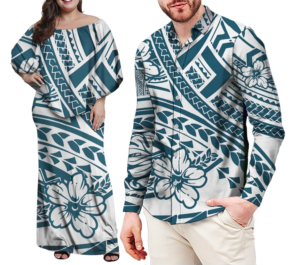 

Green Polynesian Hawaiian Tribal Design Women Dress Match men oversized shirts fall fashion plus size Men's shirt Long Sleeve, Customized color