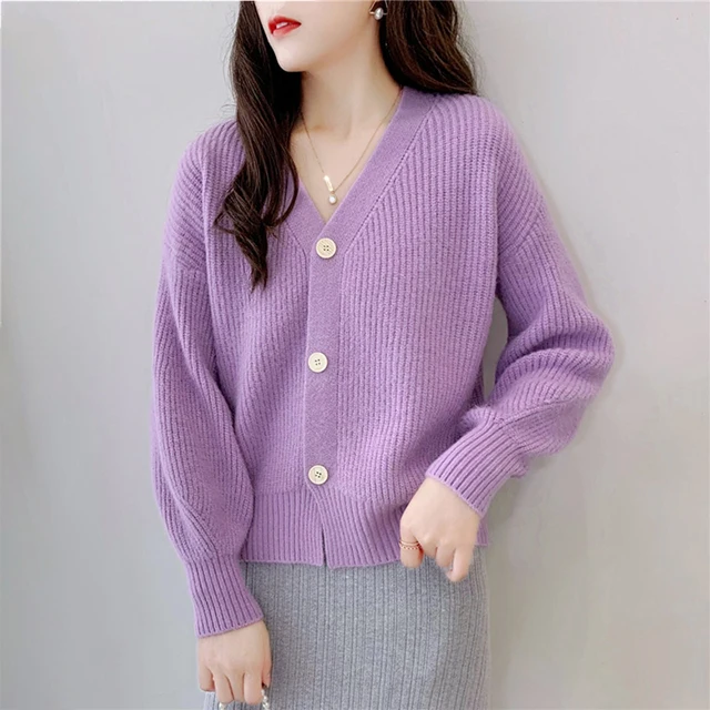 

High Quality Custom Ladies Loose V Neck Knitwear with Button Long Sleeve Knitted Women Cheap Sweater, Customized color