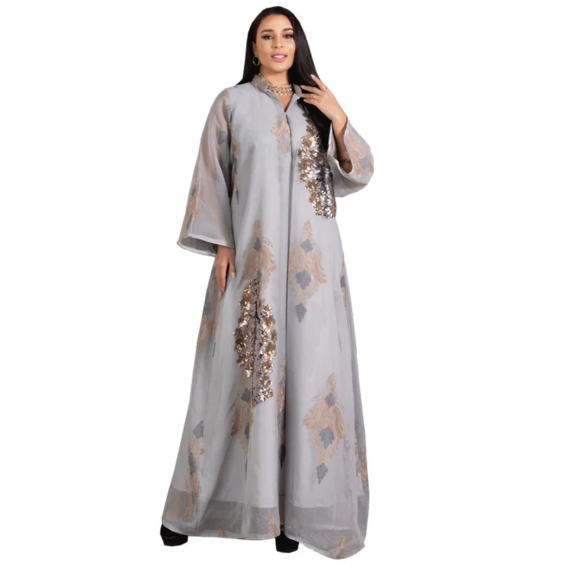 

Dubai Arab Eid Middle East Gold Sequin Floral Embroidery Muslim Woman Gray Abaya Maxi Floor Length Evening Dress