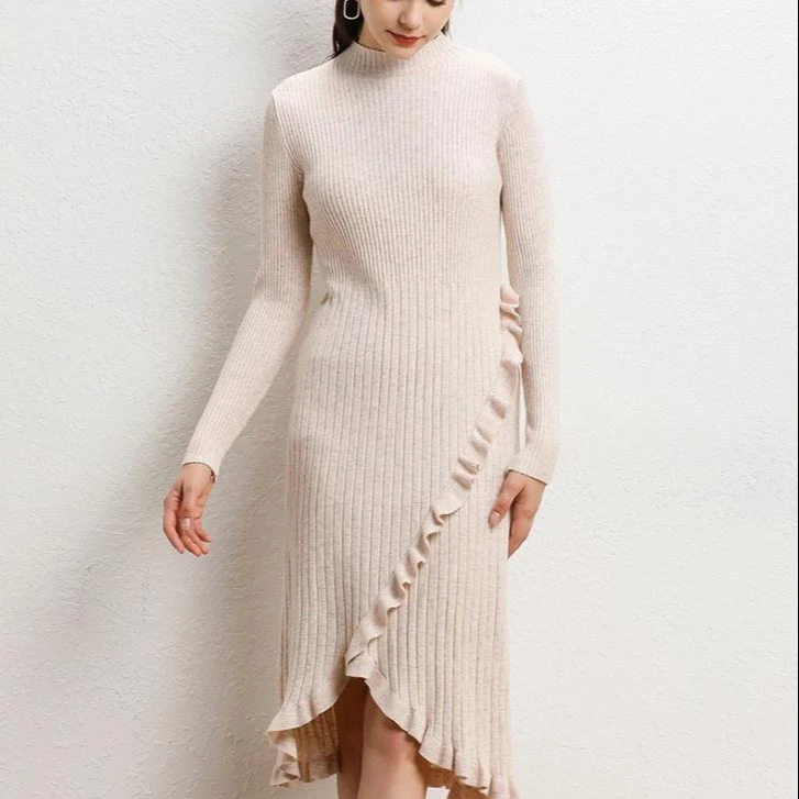 

2020 New autumn turtleneck long sleeve lady ruffles knit wear dress