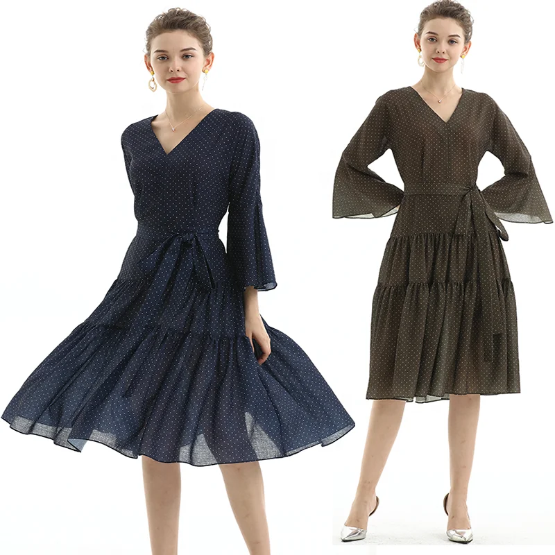 

D057-1 Summer Autumn High Quality Fashion Elegant Long Sleeve Print Women Girls Career Casual Evening Dress
