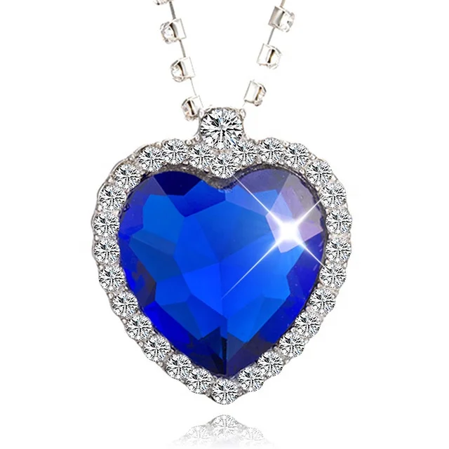 

Blue Ocean Rhinestone Lady Charm Silver Chain stainless steel pendant ladies gemstone titanic necklace heart jewellery women, As the picture show