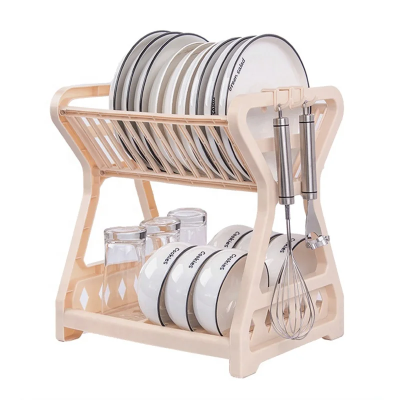 

2-Tier Drying Organizer Storage Shelf Drainer Plastic Dish Drying Rack with 3 Hooks for Kitchen Sink, Blue,,beige
