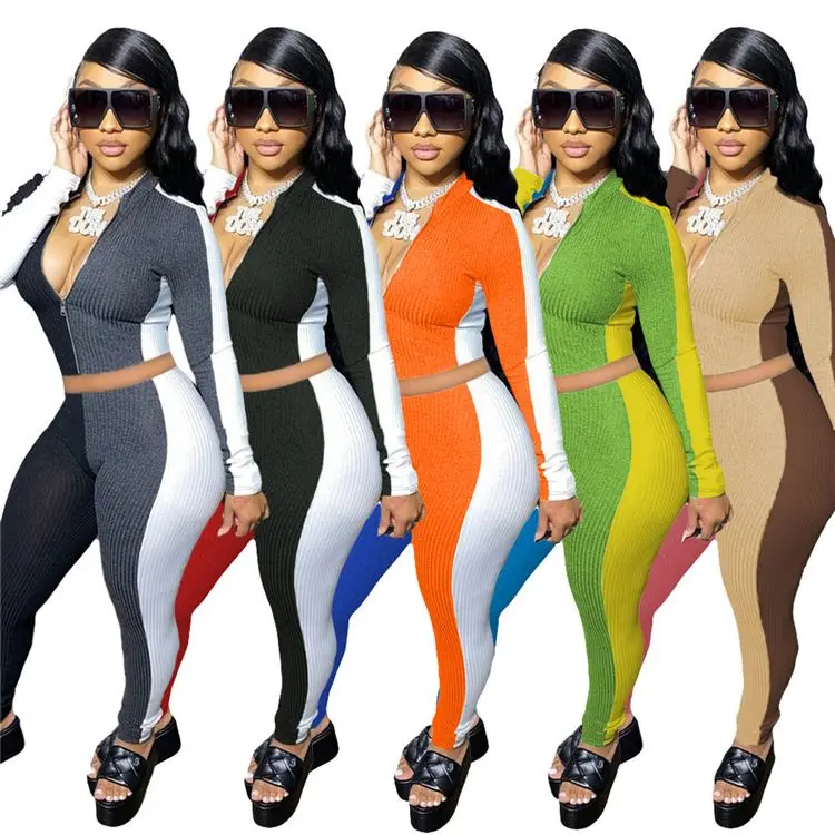 

W8520 gym clothing apparel patchwork tracksuit women sets two piece