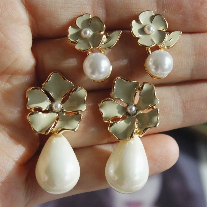 

Wholesale vintage baroque pearl enamel flower S925 needles stud earrings jewelry, Gold