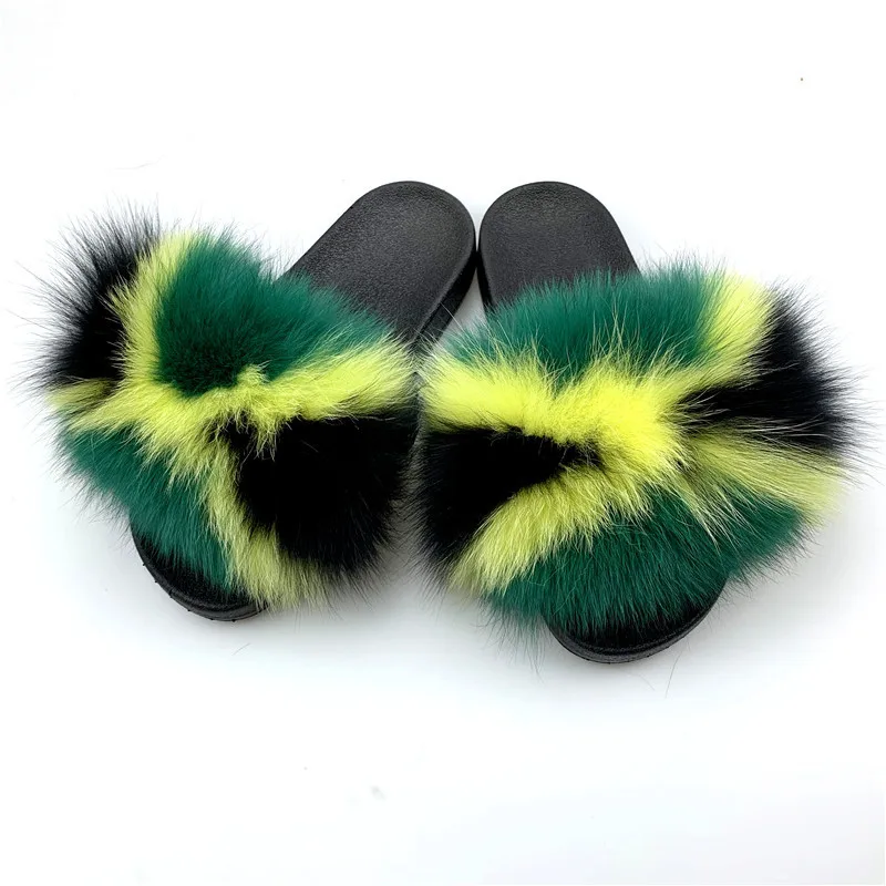 

2021 New women fur slippers PVC Sole faux Real Fox Fur Slippers Summer Outwear fur slides wholesale fluffy