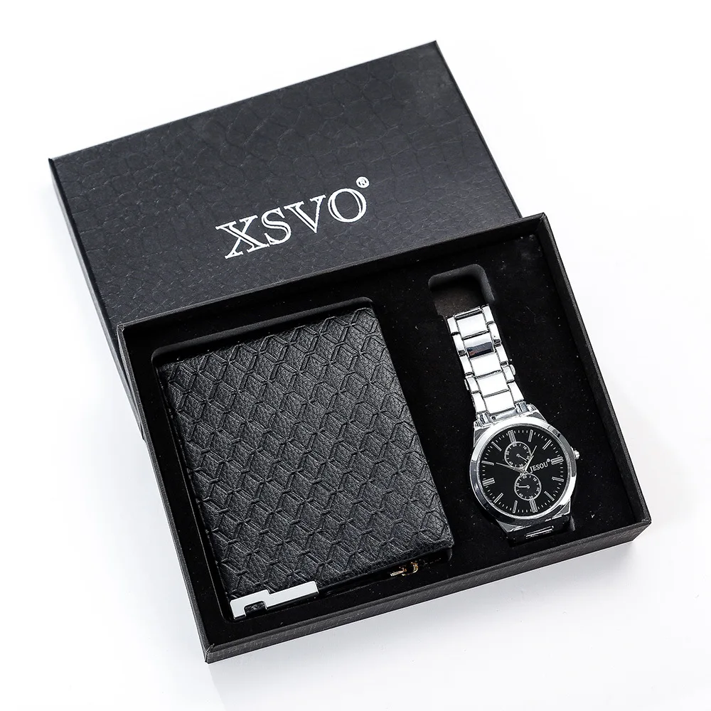 Large Dial Classic style Quartz Watch for man Wallet Watch Gift Set Hardcover Gift Two Piece Set