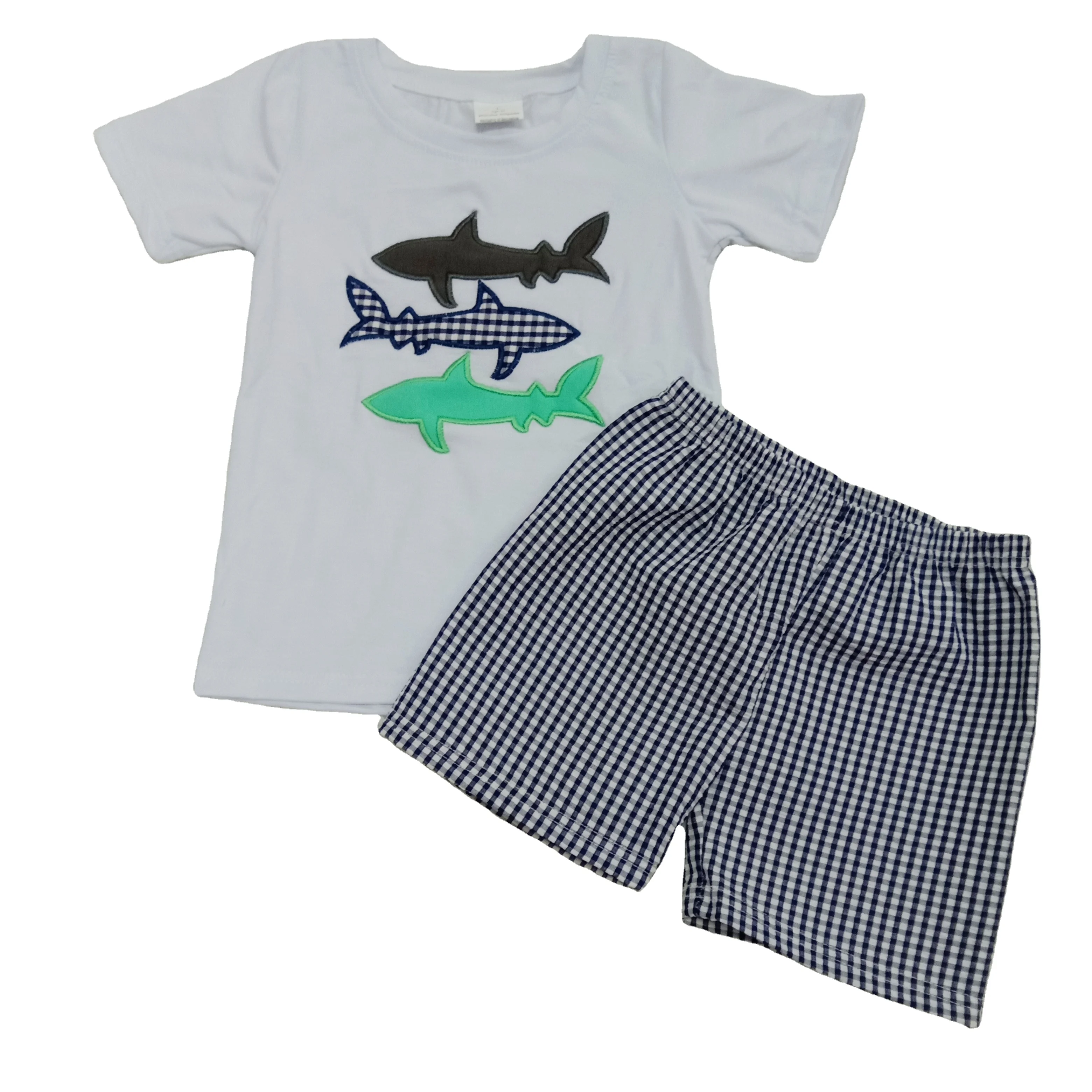 

2020 baby boys boutique clothing fashion shark embroidery top Seersucker fabric shorts children cute summer sets kids outfits, Same as picture