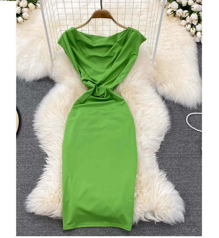 

2022 Summer New Sleeveless Slash Neck Empire Midi Fashion Green Sheath Dress For Women