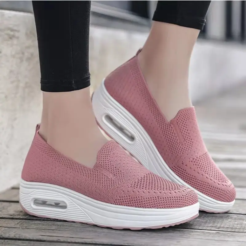 

women's Sneakers Knitted Elastic Mesh Shoes Women 2021 Lace Up Platform Wedge Height Increasing casual shoes, Black/grey/pink